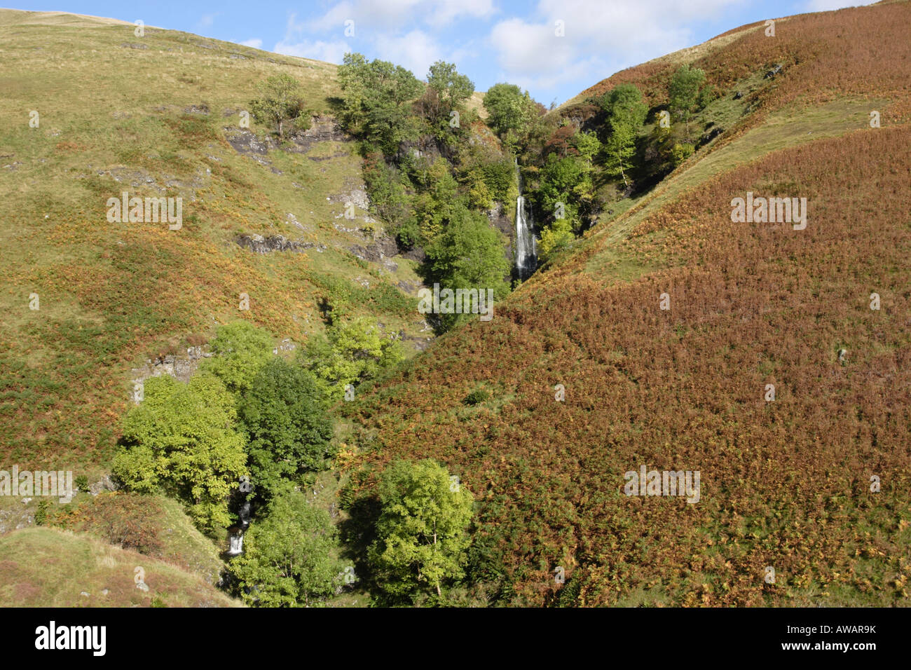 The Spout of Craighorn on the Glenwinnel burn forms this cascade just before its confluence with Alva burn in the Ochils. Stock Photo