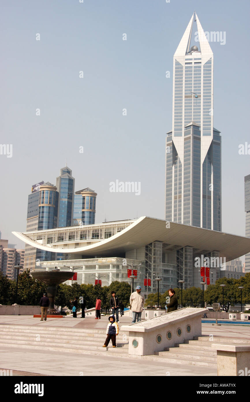 Grand Theatre and Concert Hall  in the Peoples Square with a high rise building in the background. Stock Photo