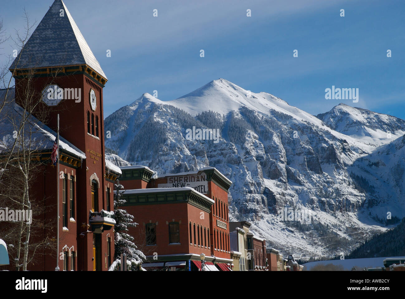 telluride colorado main street during winter after a big storm on a sunny day Stock Photo