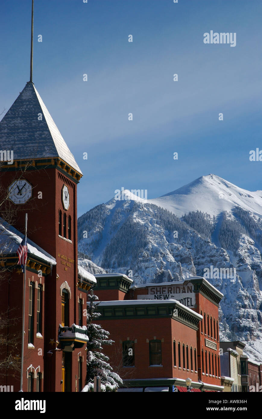 telluride colorado main street during winter after a big storm on a sunny day Stock Photo