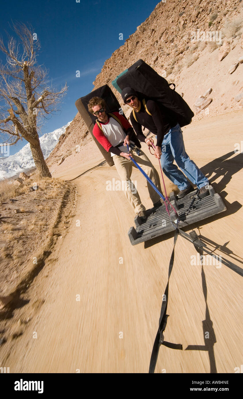 'Palette Surfing' while on a climbing trip in Bishop, California Stock Photo