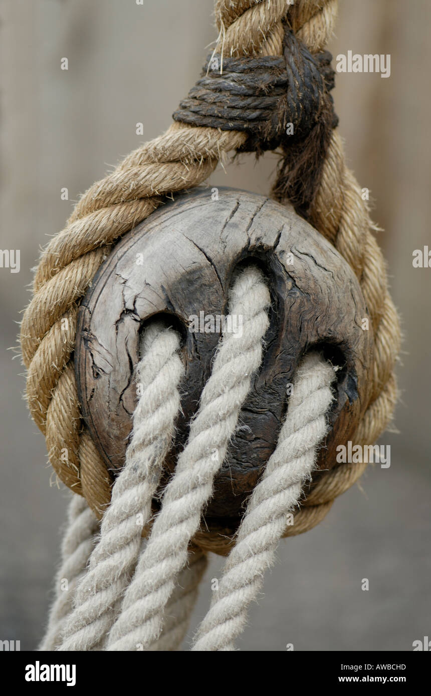 A traditional block and tackle The block has three sheaves and is made
