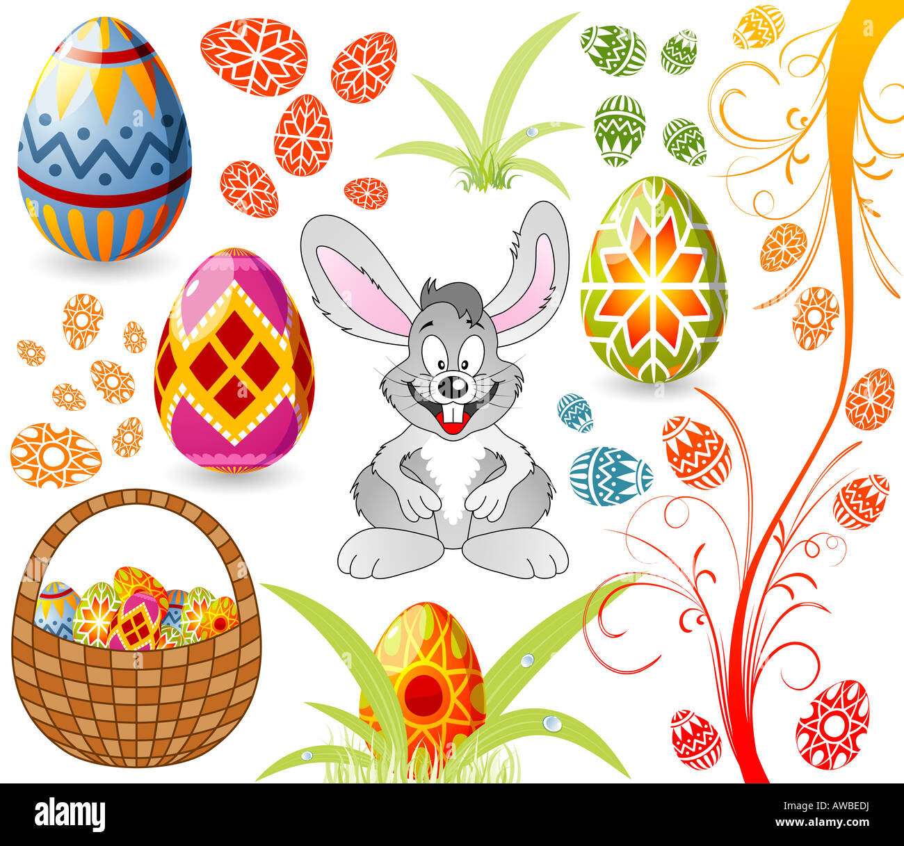 Easter set with ornament eggs rabbit crib grass Stock Photo - Alamy