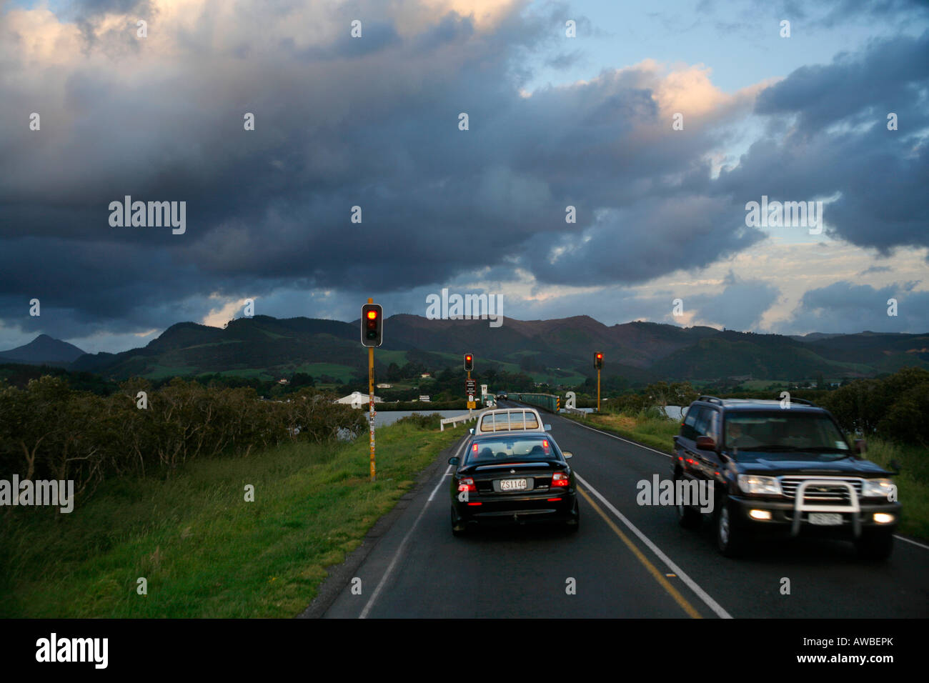 Traffic lights at Waihou River, Kopu Bridge crossing near Thames, State
