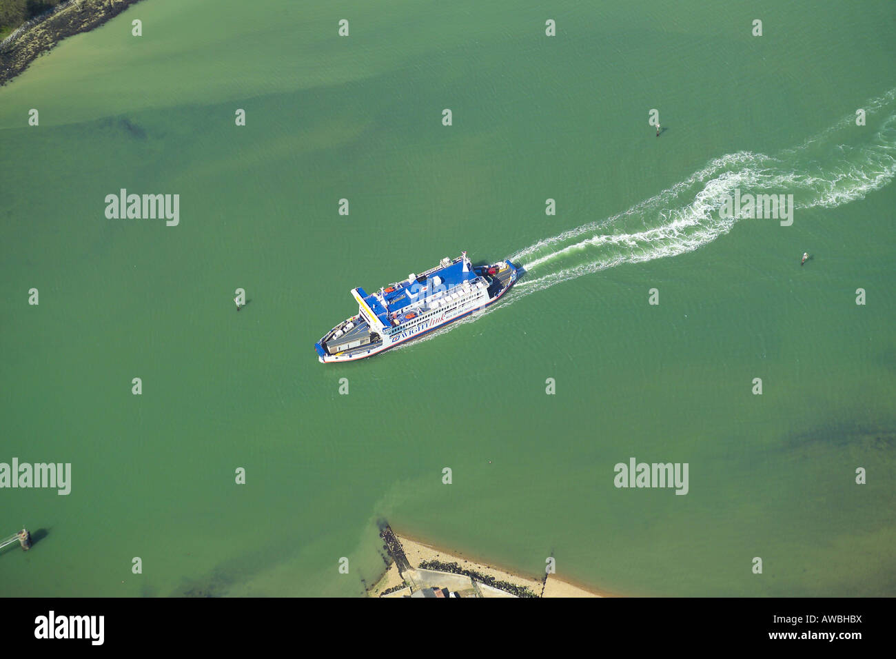 Aerial view of the Wightlink Ferry sailing into Fishbourne Harbour on the Isle of Wight Stock Photo
