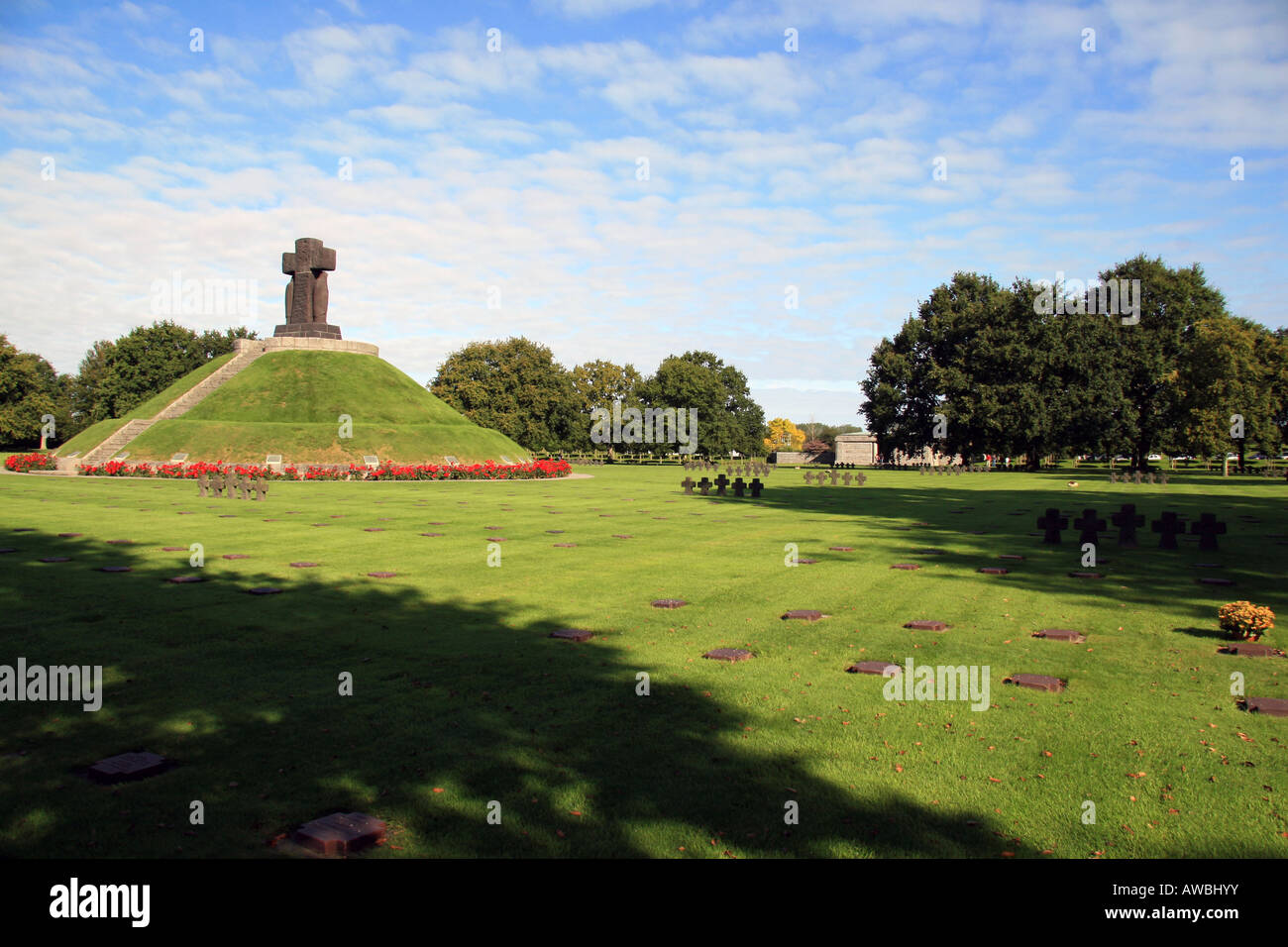 The central mound memorial in the La Cambe German Cemetery, Normandy, France. Stock Photo