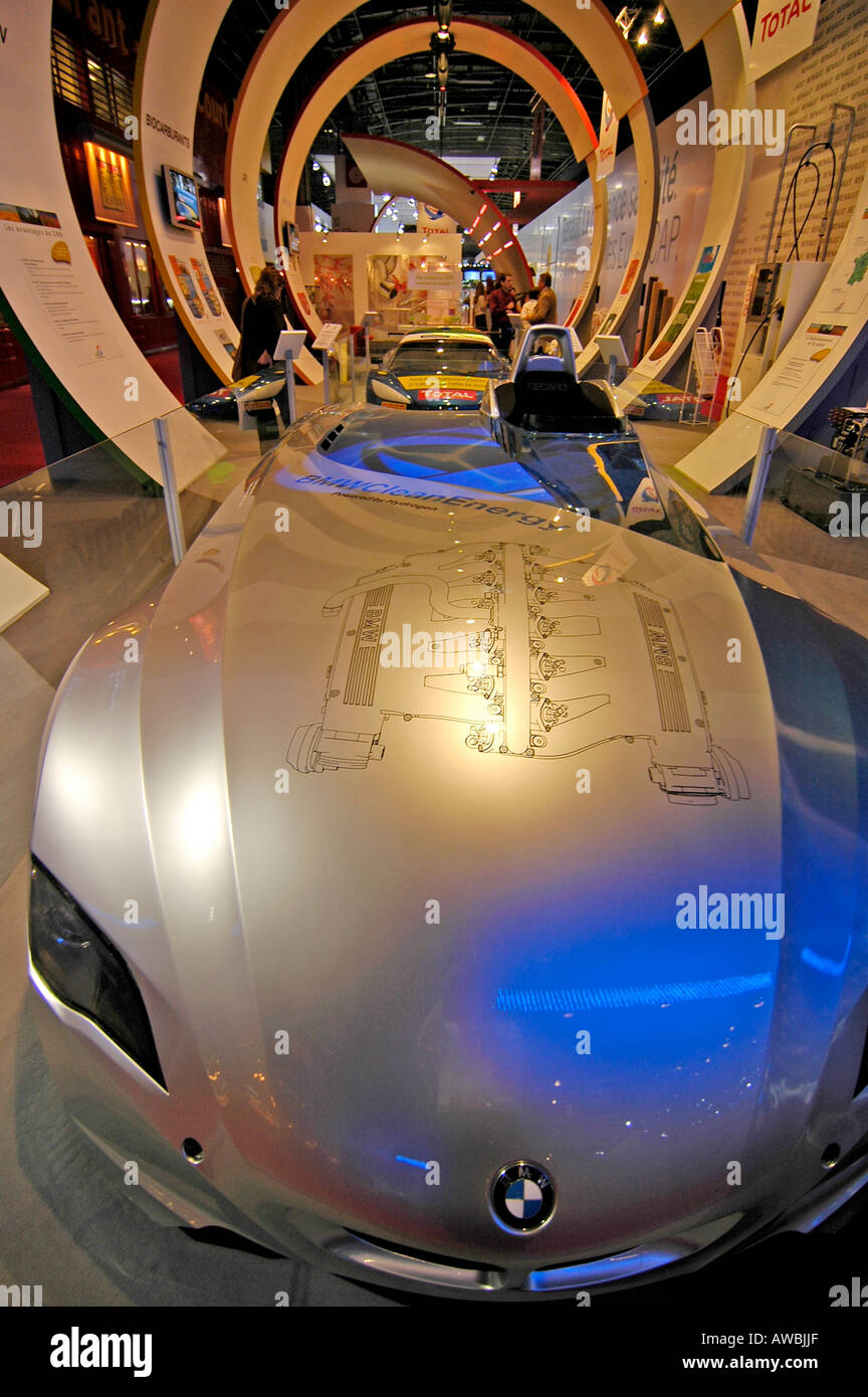 A BMW car with plans of a hydrogen engine on its hood, during an International motor show in Paris. Stock Photo