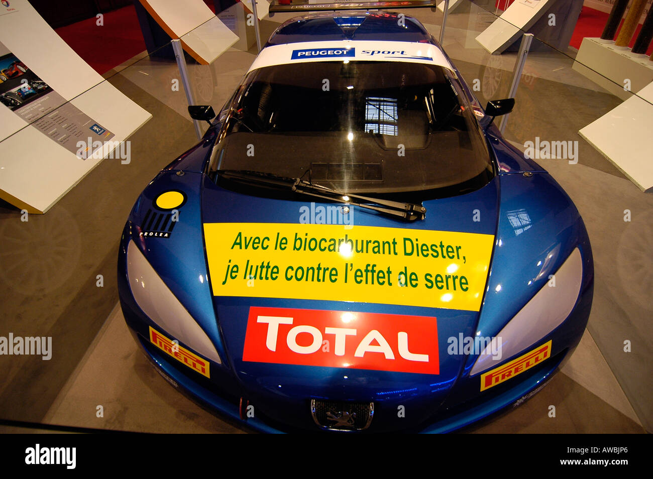 A car at the Paris 2006 World Car Exhibition, with an advertisement for biofuel on its hood. Stock Photo