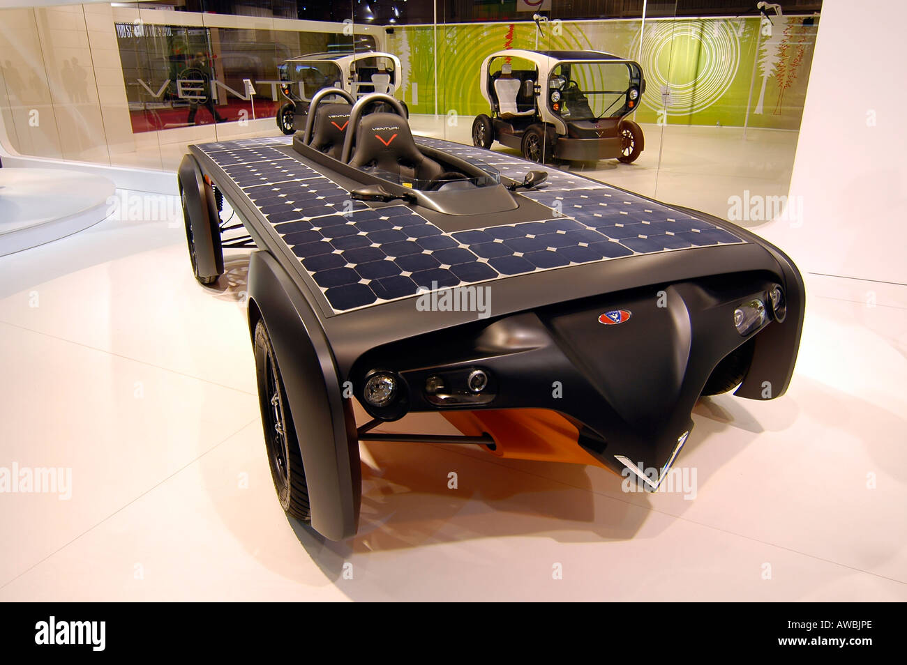 A futurist prototype of a car powered by solar energy, exhibited during the 2006 Paris World Car Exhibition. Stock Photo