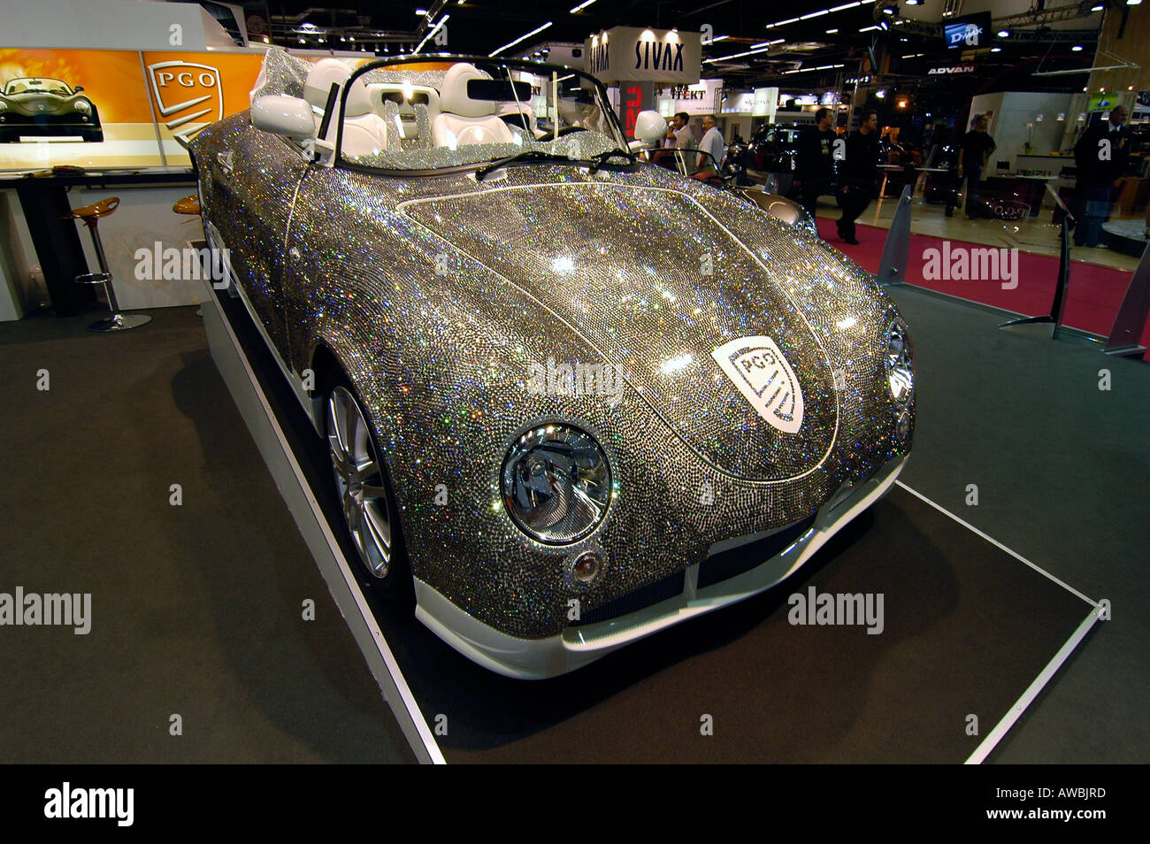 A new sleek car exhibited at the Paris International Auto Show. Stock Photo
