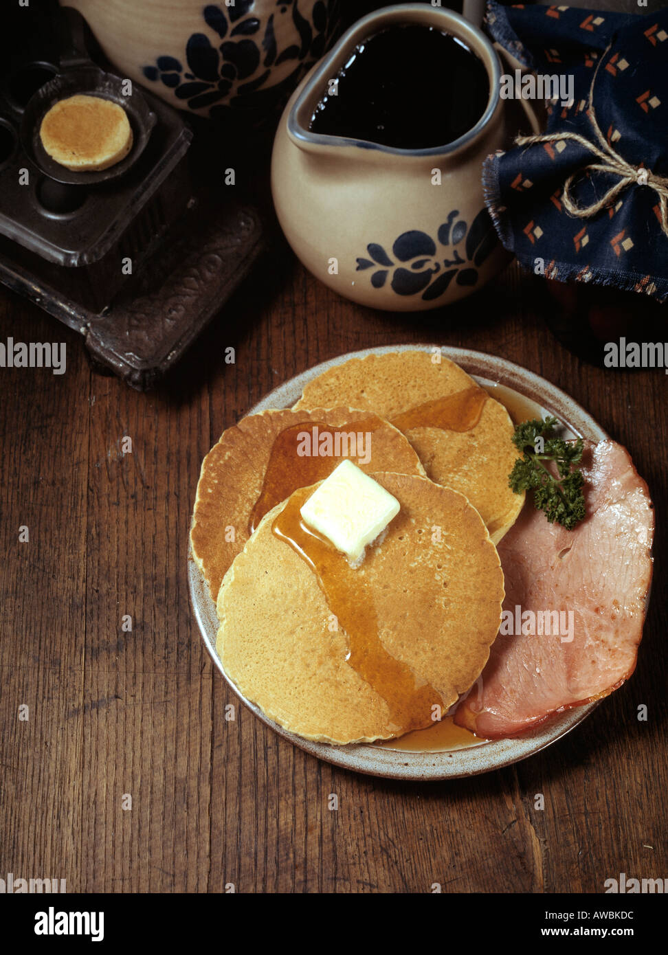 breakfast stack of pancakes slice of ham melted butter syrup Cuisine Bon Appetit Stock Photo Alamy