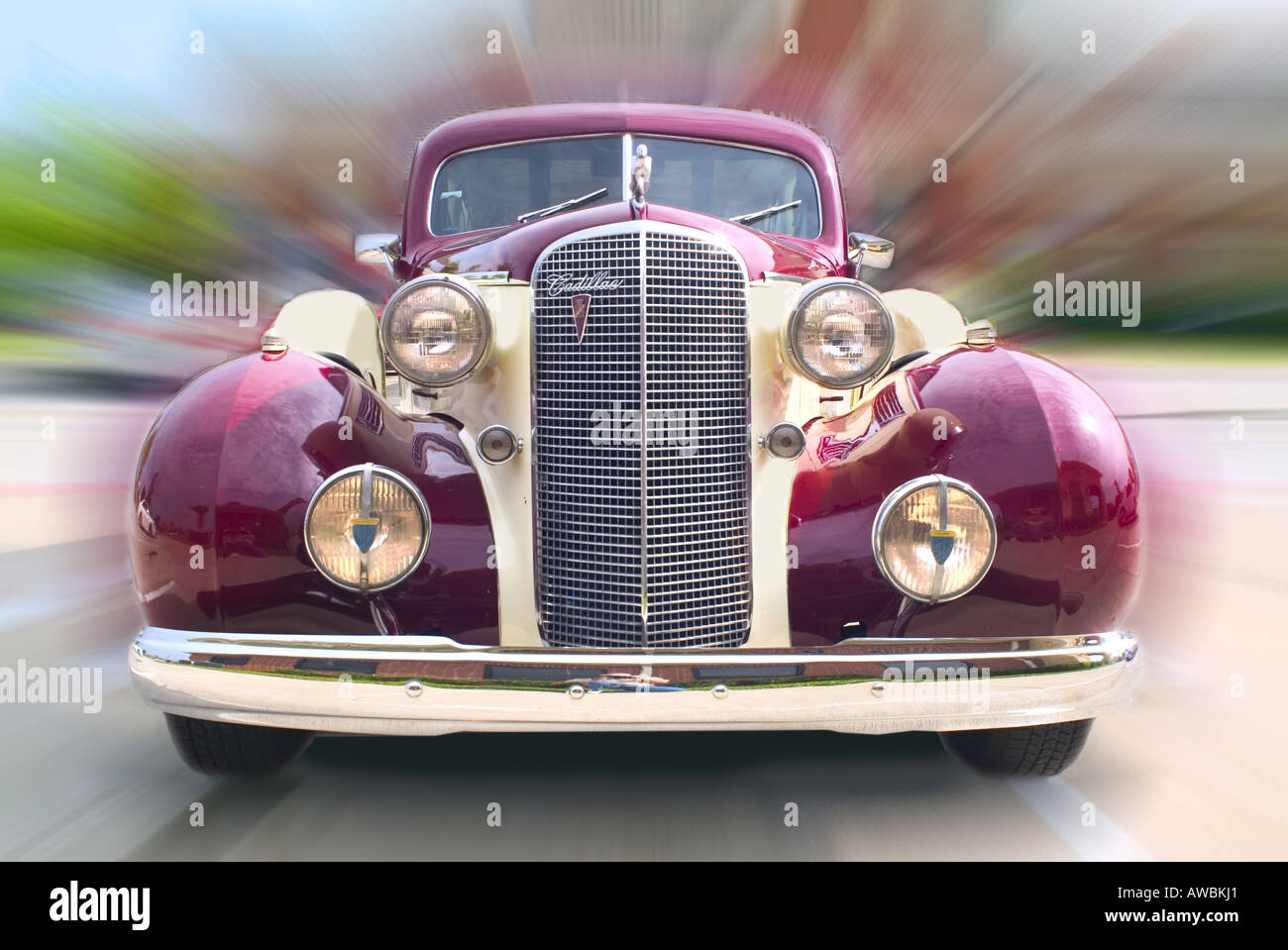 Front view of a 1937 Cadillac in motion Stock Photo