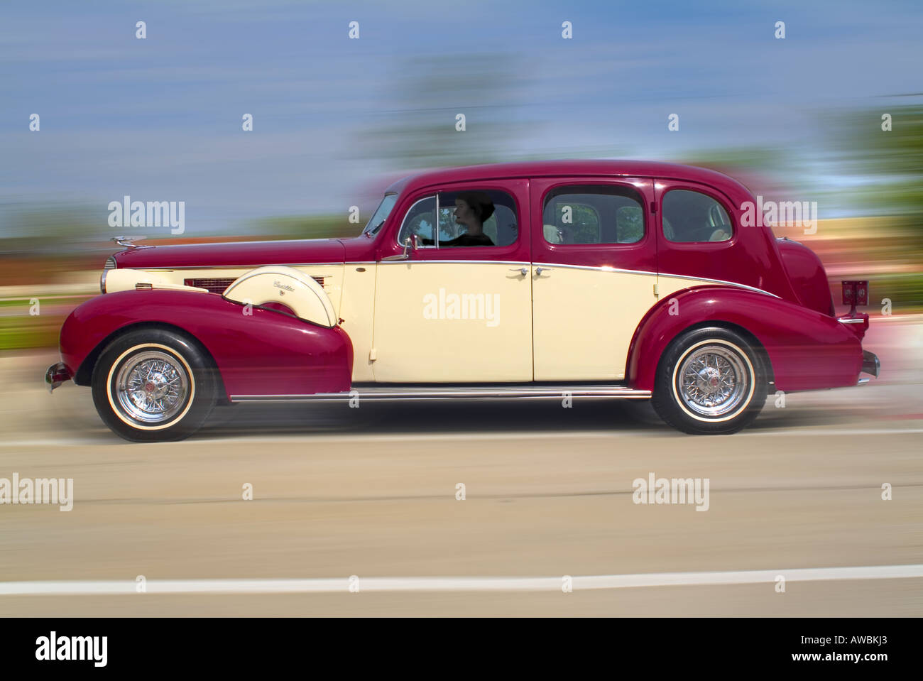 Side view of a 1937 Cadillac automobile in motion Stock Photo