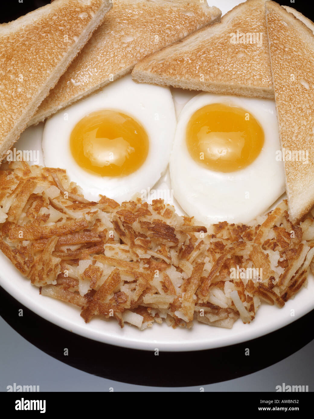 hearty breakfast plate two fried eggs sunny side up toast hash brown