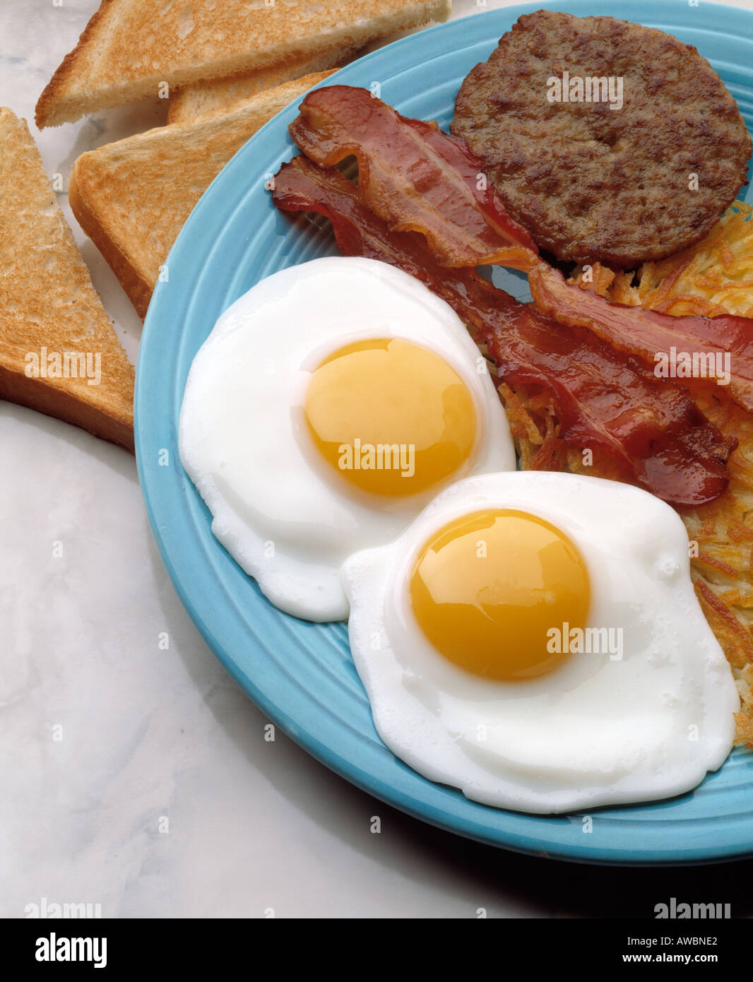 breakfast platter two fried eggs sunny side up strips bacon sausage