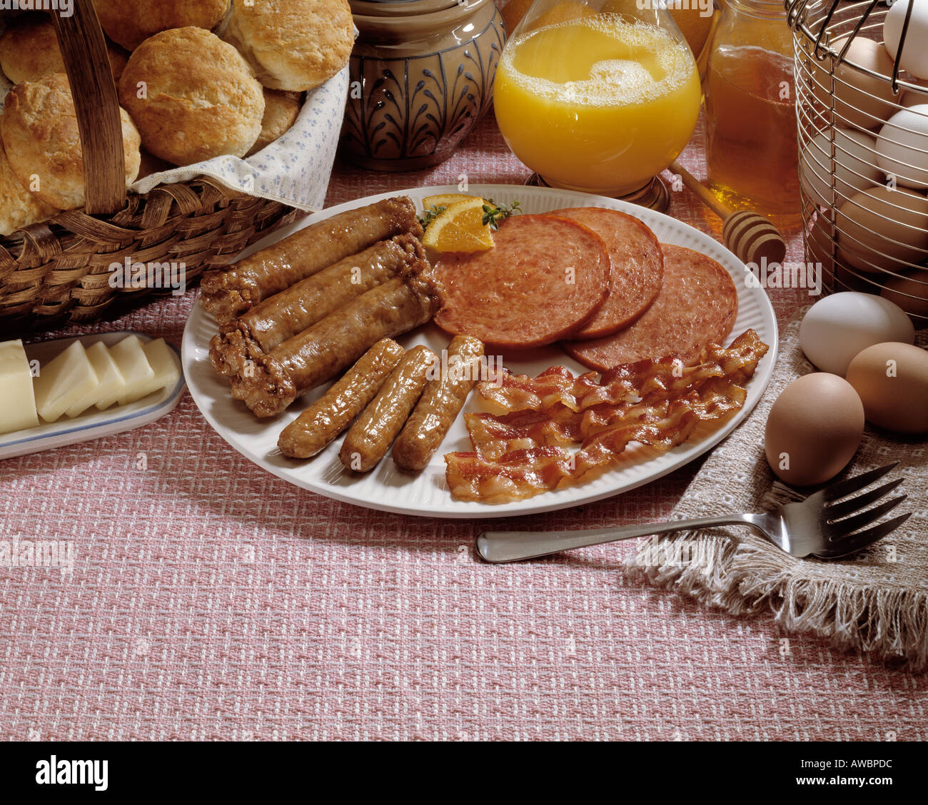 hearty breakfast assorted assortment sausages meat bacon canadian bacon