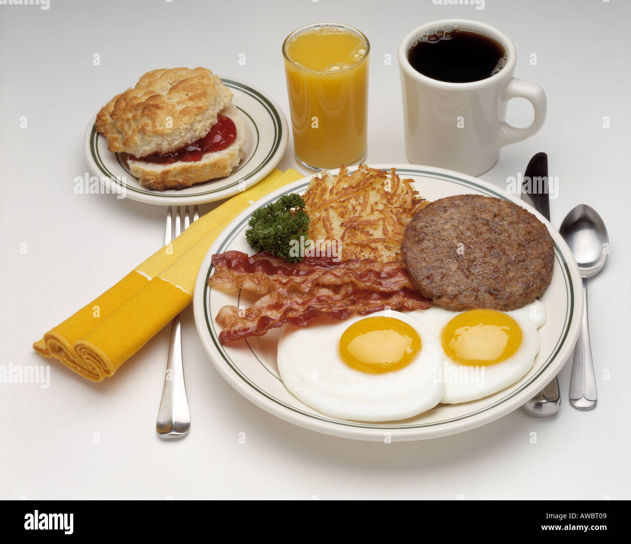 fast food hearty breakfast assortment two eggs sunny side up bacon
