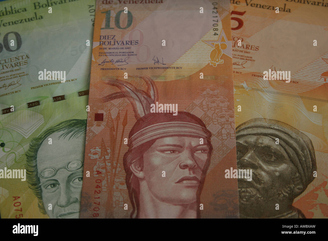 Venezuelan currency bills of 5, 50 and 10 Bolivars Stock Photo