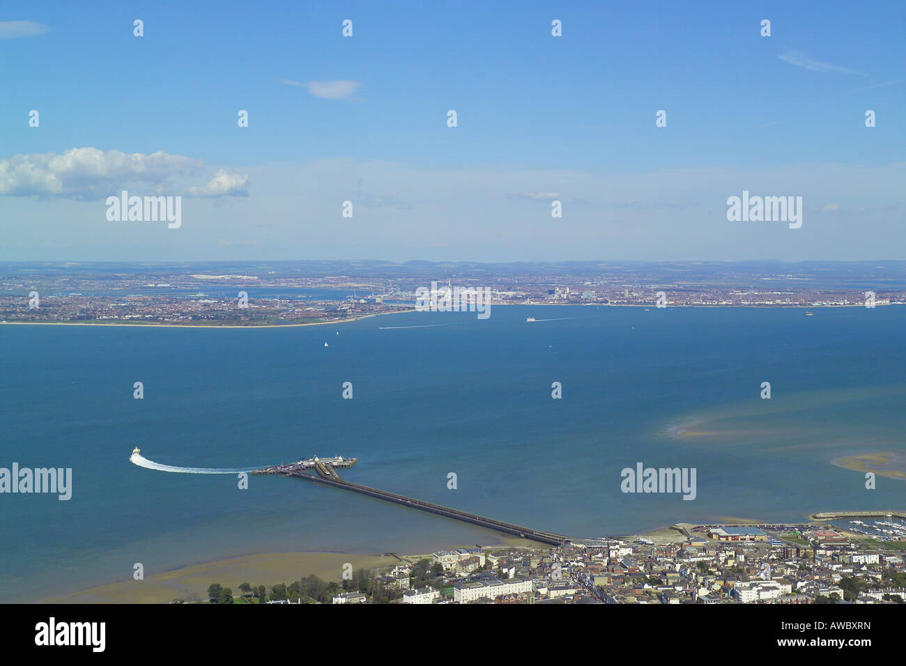 Panoramic aerial view of Ryde and the Pier Head Station on the Isle of Wight with views across the Solent to Portsmouth Harbour Stock Photo