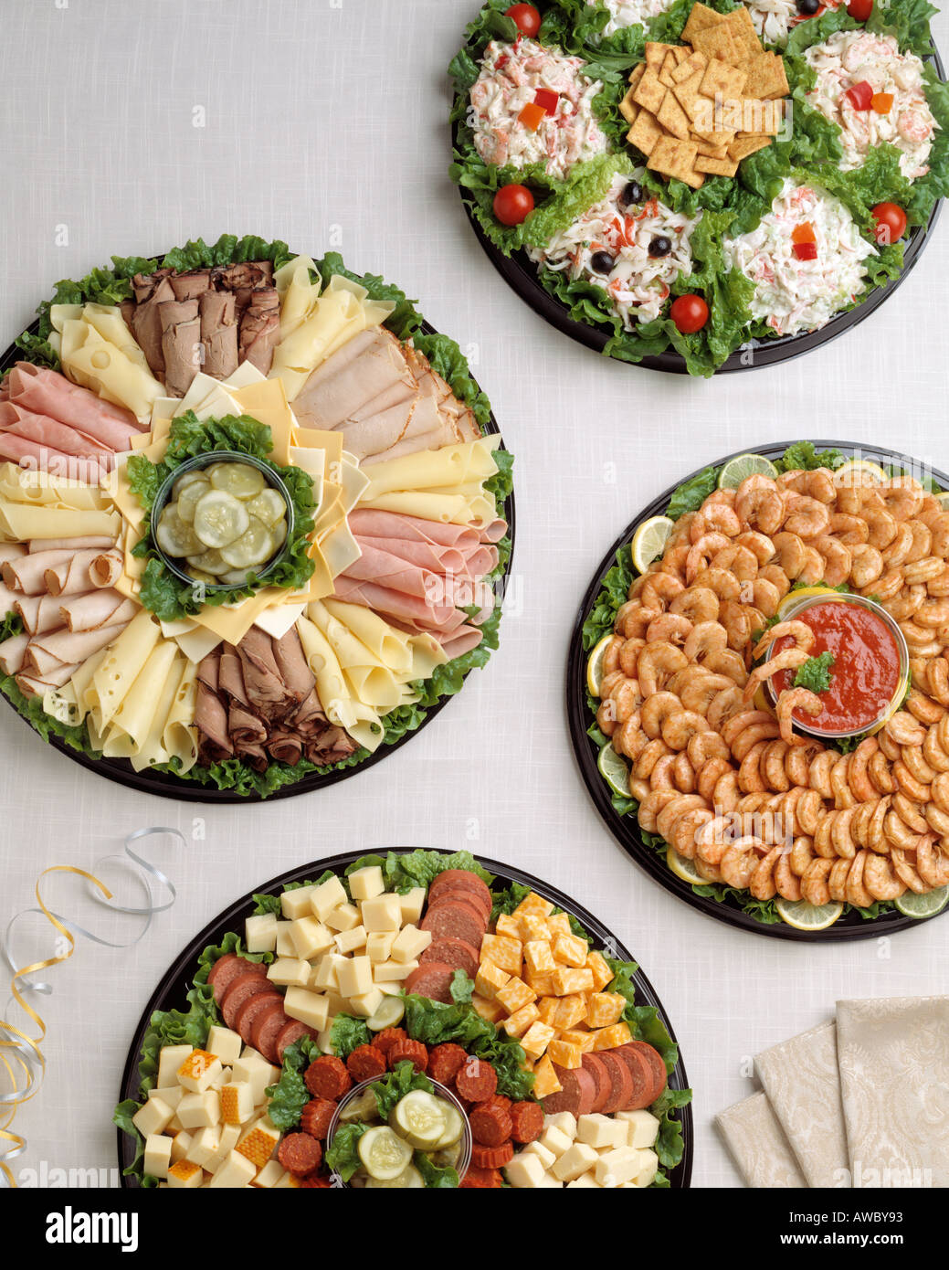 seafood platter meat and cheese tray assortment spiced shrimp cubed cheese ring bologna crab tuna lobster salad Stock Photo