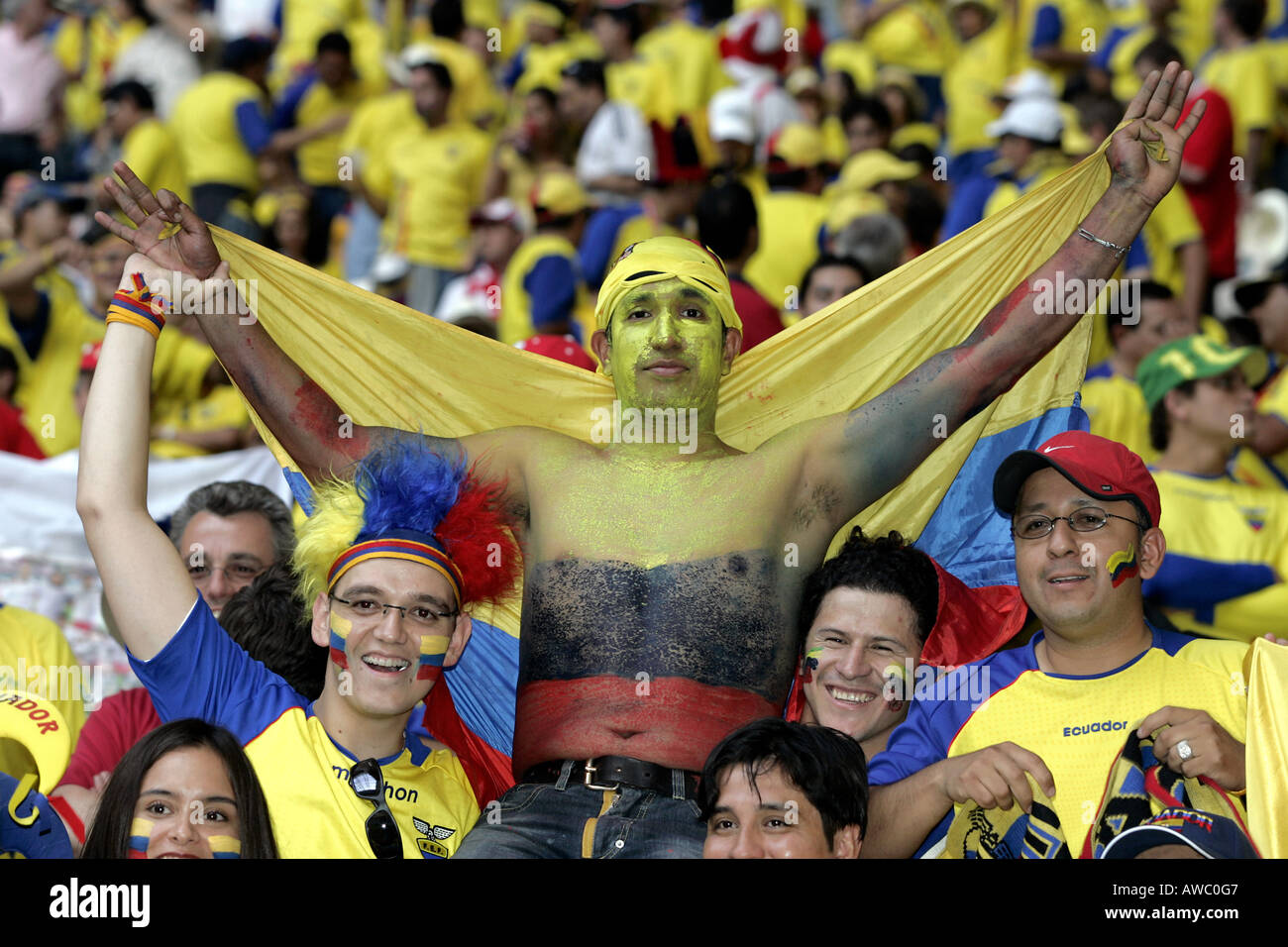 A male Ecuador supporter with his body painted and holding a flag in the crowd during the 2006 World Cup Stock Photo