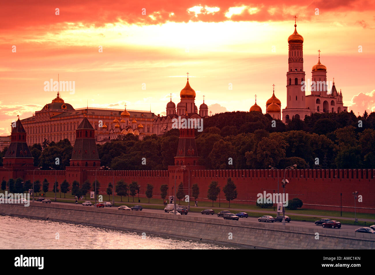 Russia, Moscow, The Kremlin, Ivan The Great Bell Tower, Moscow River, Sunset Stock Photo