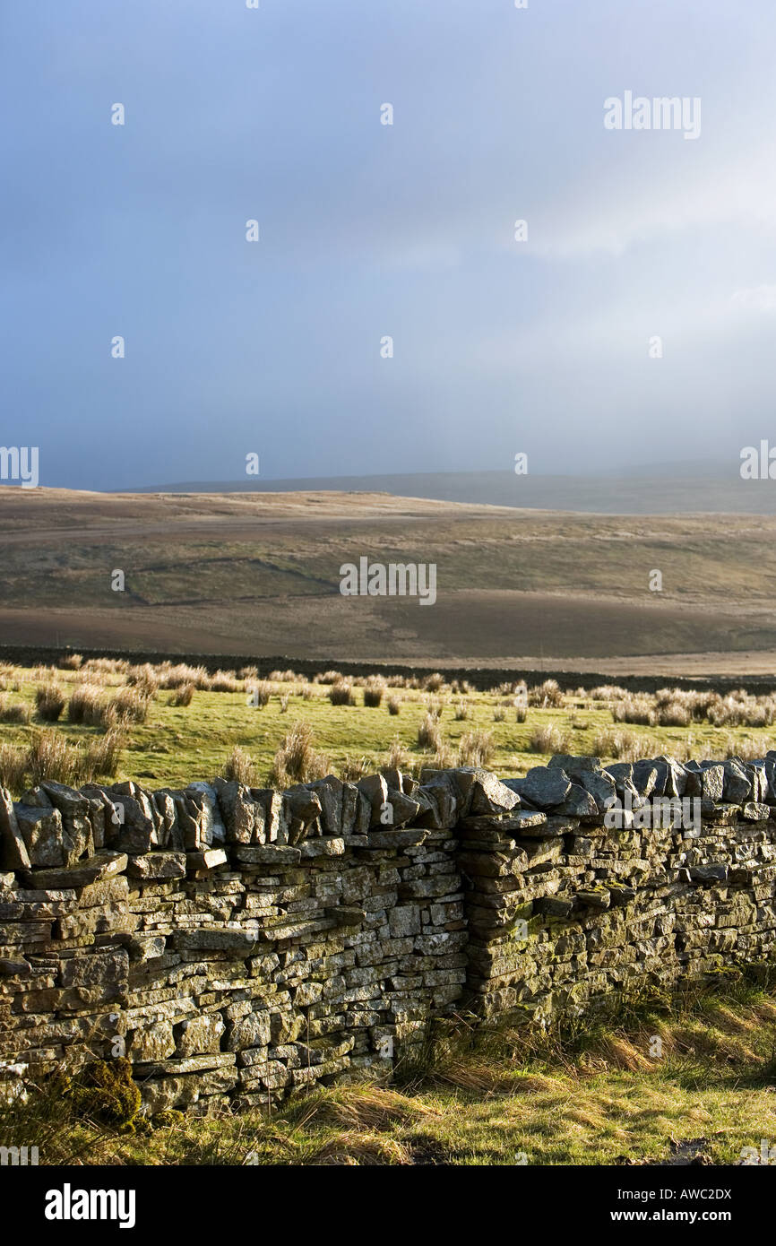 Dark rain clouds over a dry stone wall bordering Winton Fell, Cumbria, UK Stock Photo