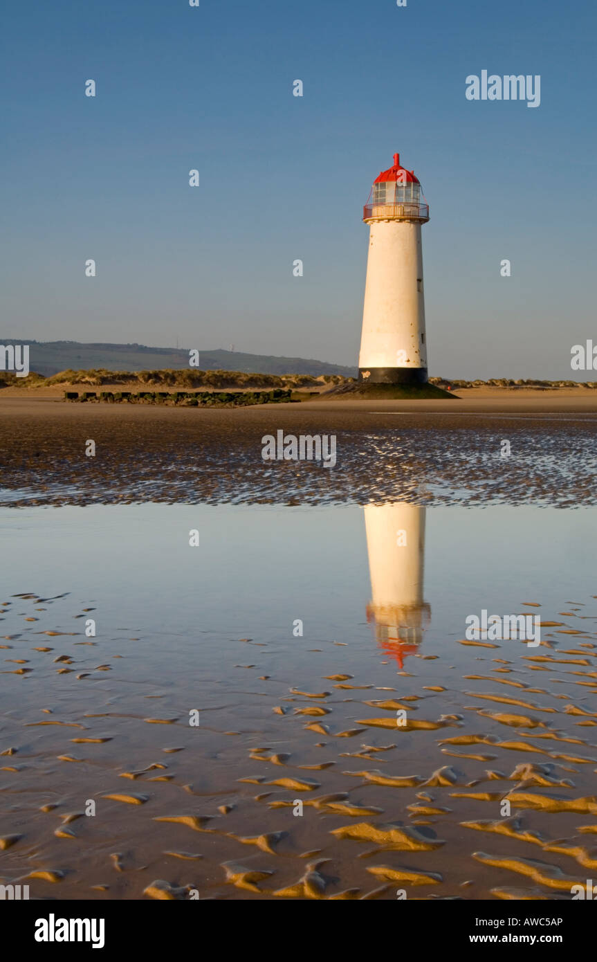 Talacre Lighthouse Reflected in Beach Pool, Point of Ayr, Flintshire, North Wales, UK Stock Photo