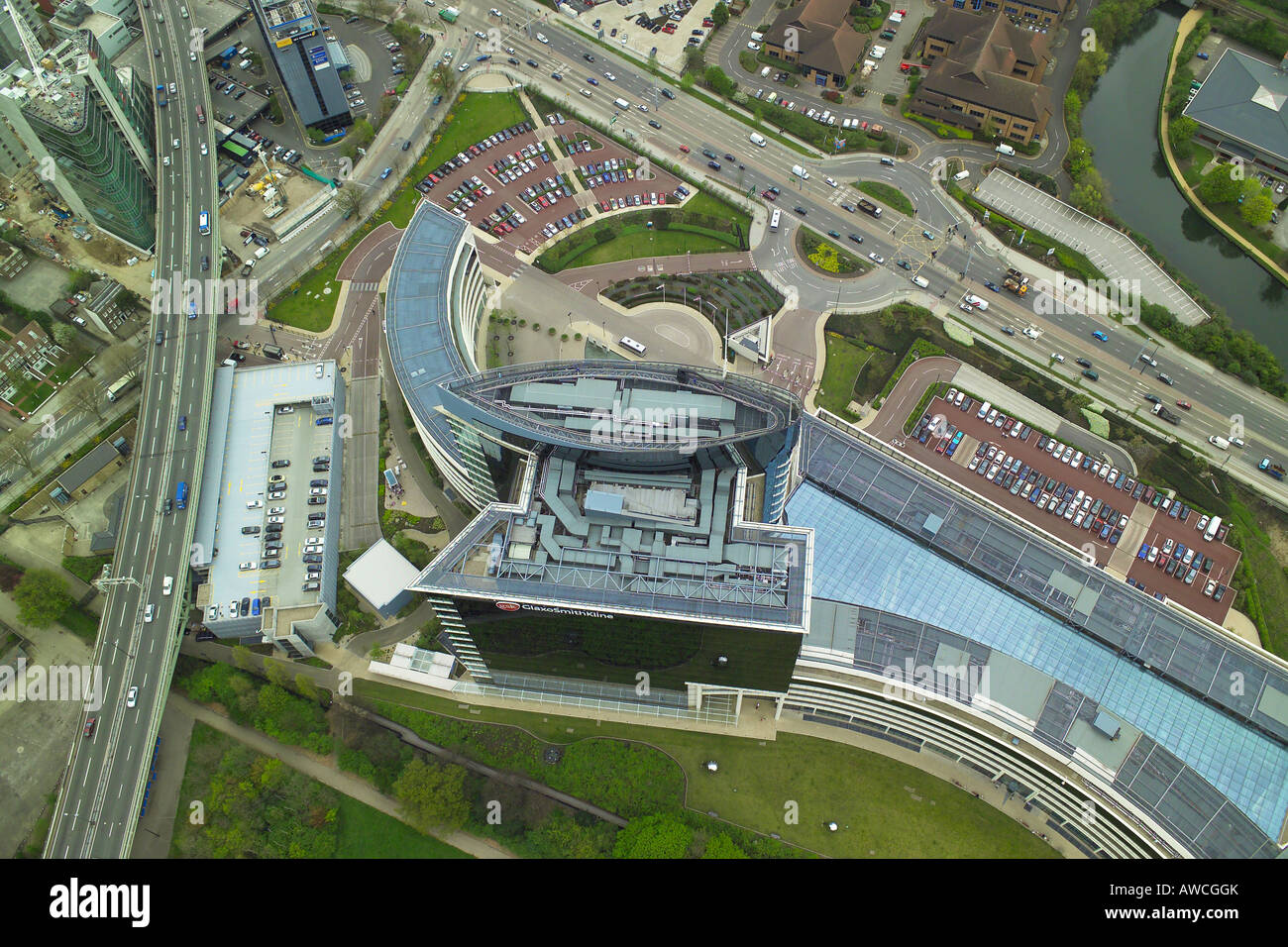 Aerial view of the GlaxoSmithKline Headquarters, GSK House, which is next to the Great West Road and M4 in Brentford Stock Photo