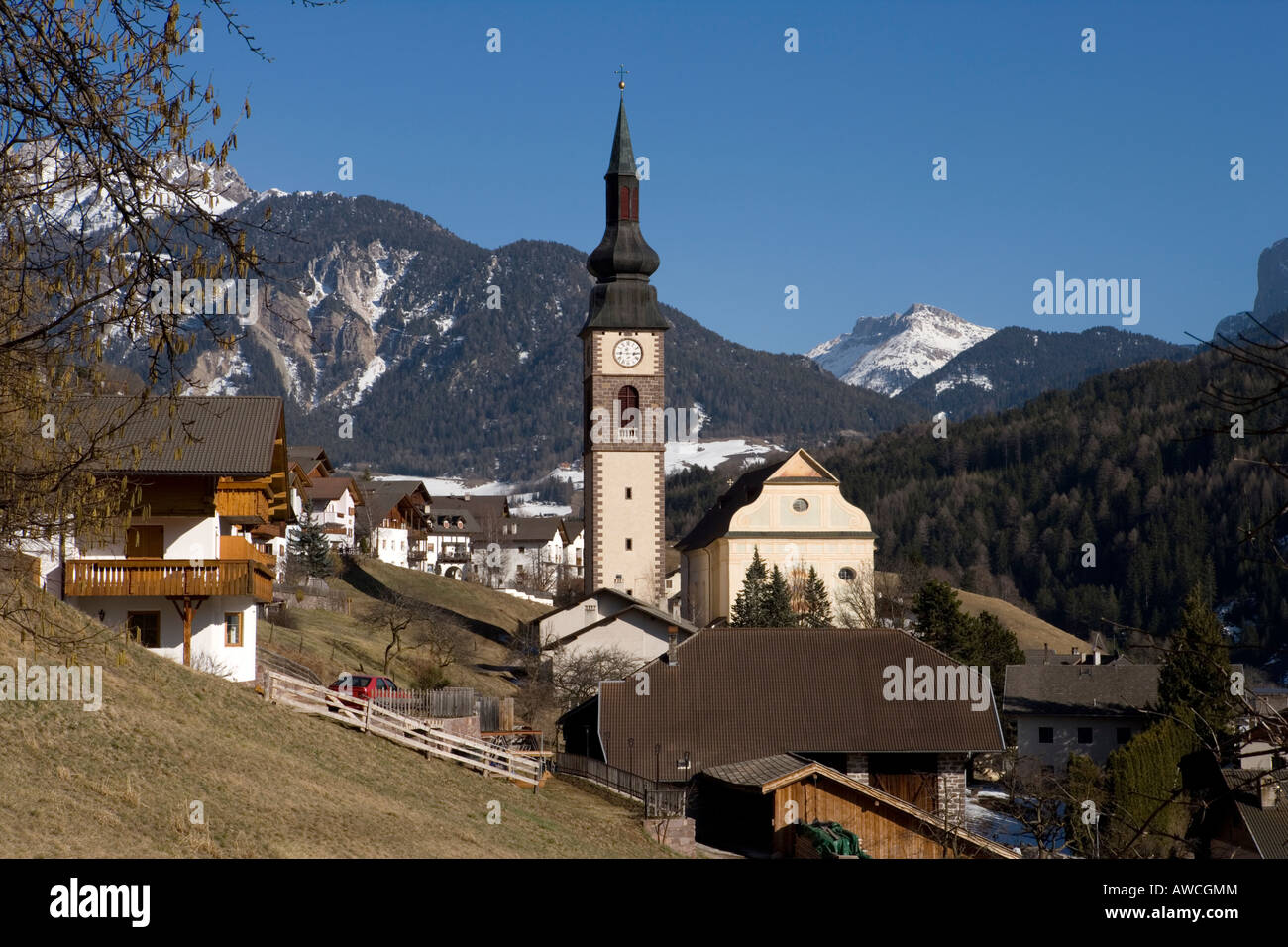 Alpine village of Saint peter,Val di funes , Italy Stock Photo