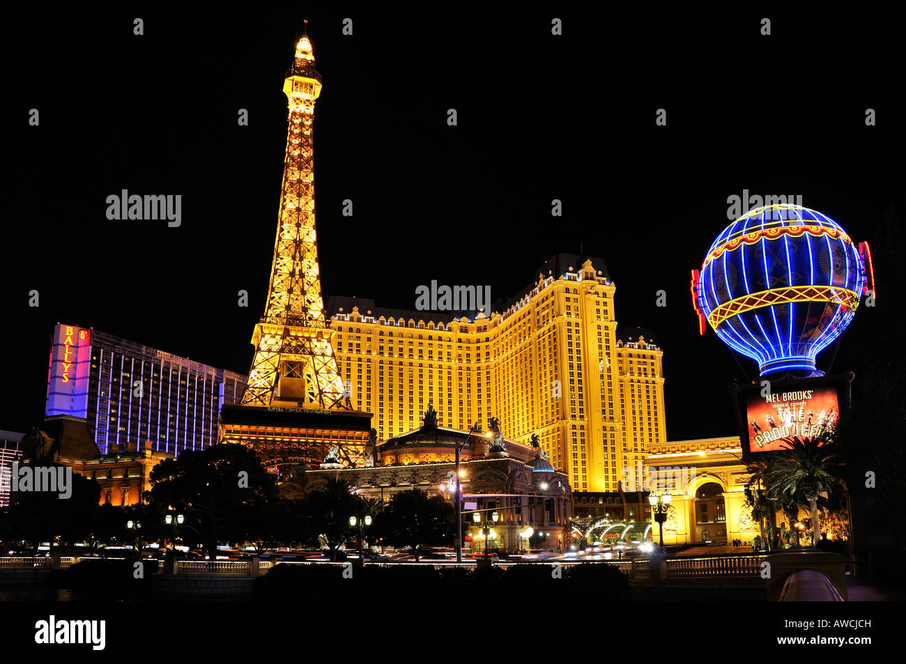 The Paris Hotel and Casino Las Vegas at Night Stock Photo