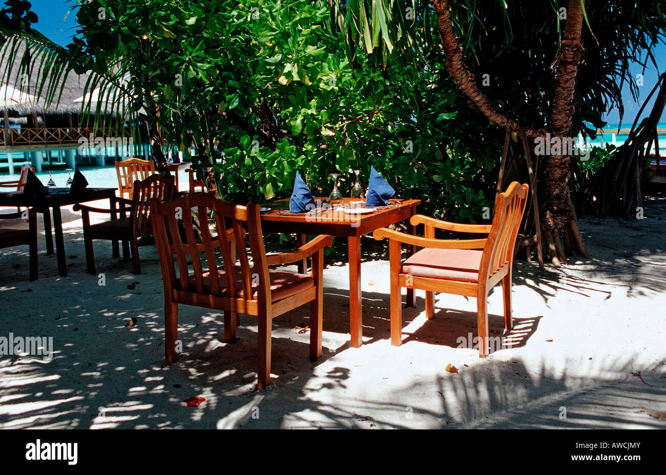 Beachbar under Palm trees Maldives Indian Ocean Meemu Atoll Stock Photo