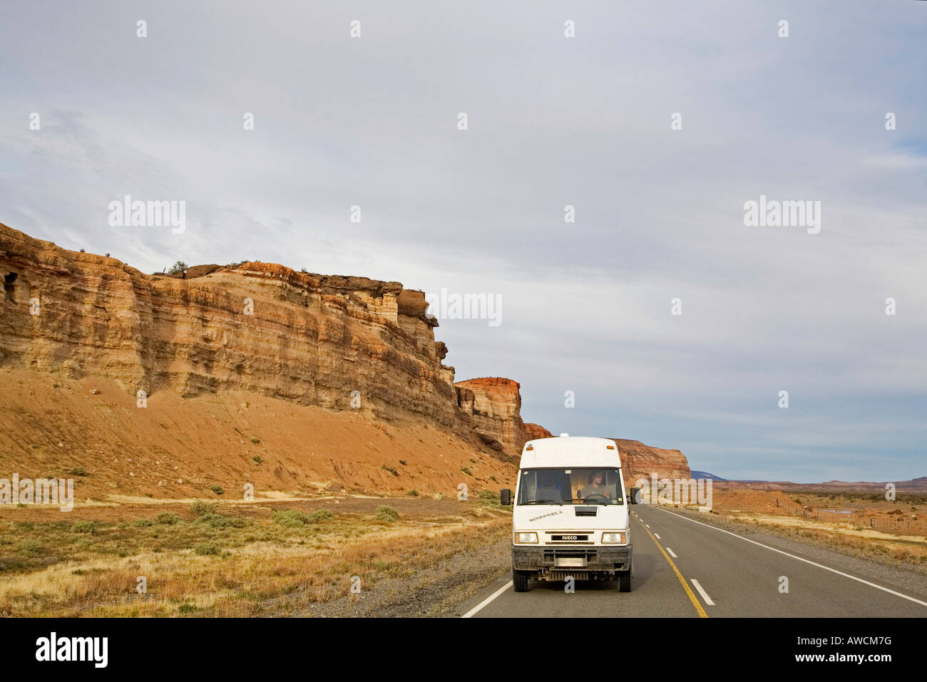 Tour with a camper through the dry river bed, Rio Chubut, Patagonia, Argentina, South America Stock Photo