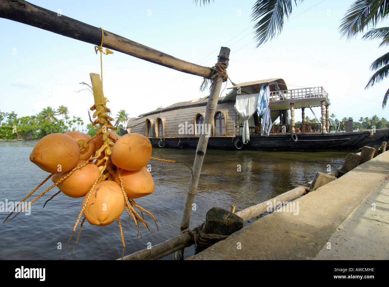 A HOUSE BOAT IN THE BACKWATERS OF ALLEPPEY Stock Photo