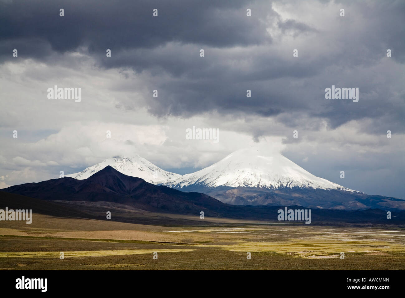 Mountain landscape with the twin volcanos Parinacota and Pomerape ...