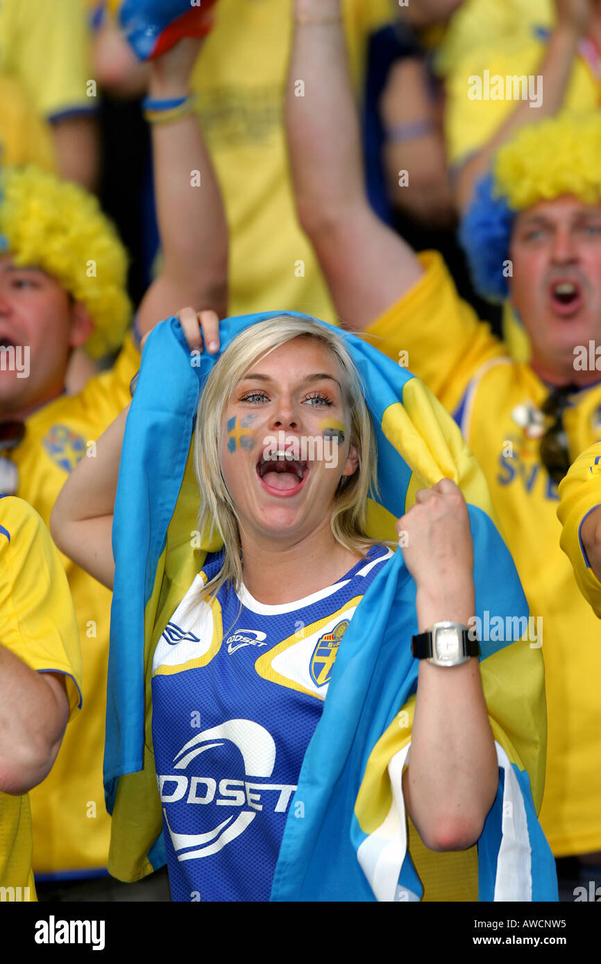 A female Swedish supporter singing in the crowd during the 2006 World