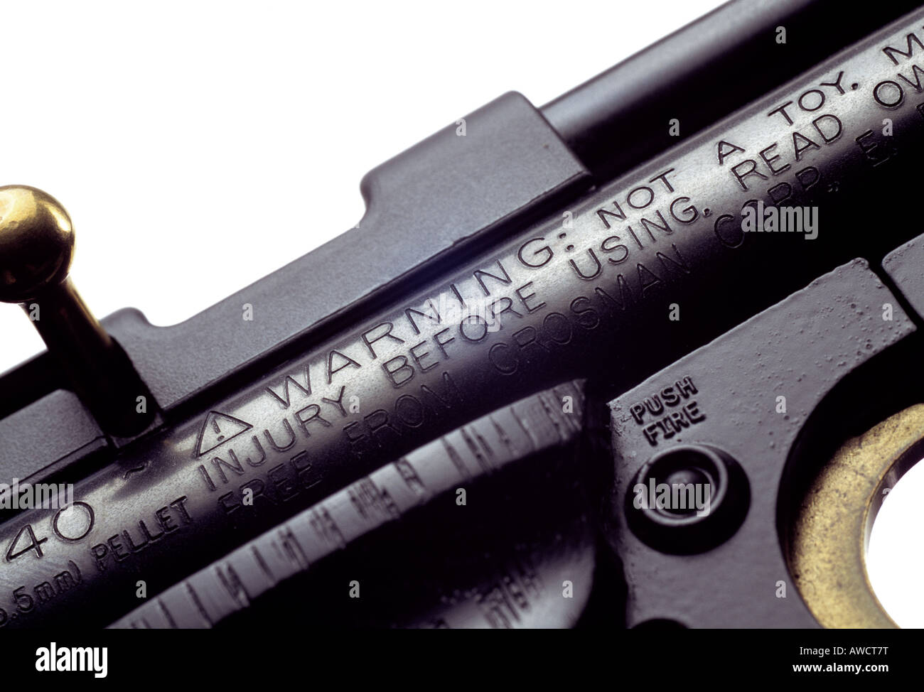 Warning notice on a gun. Stock Photo