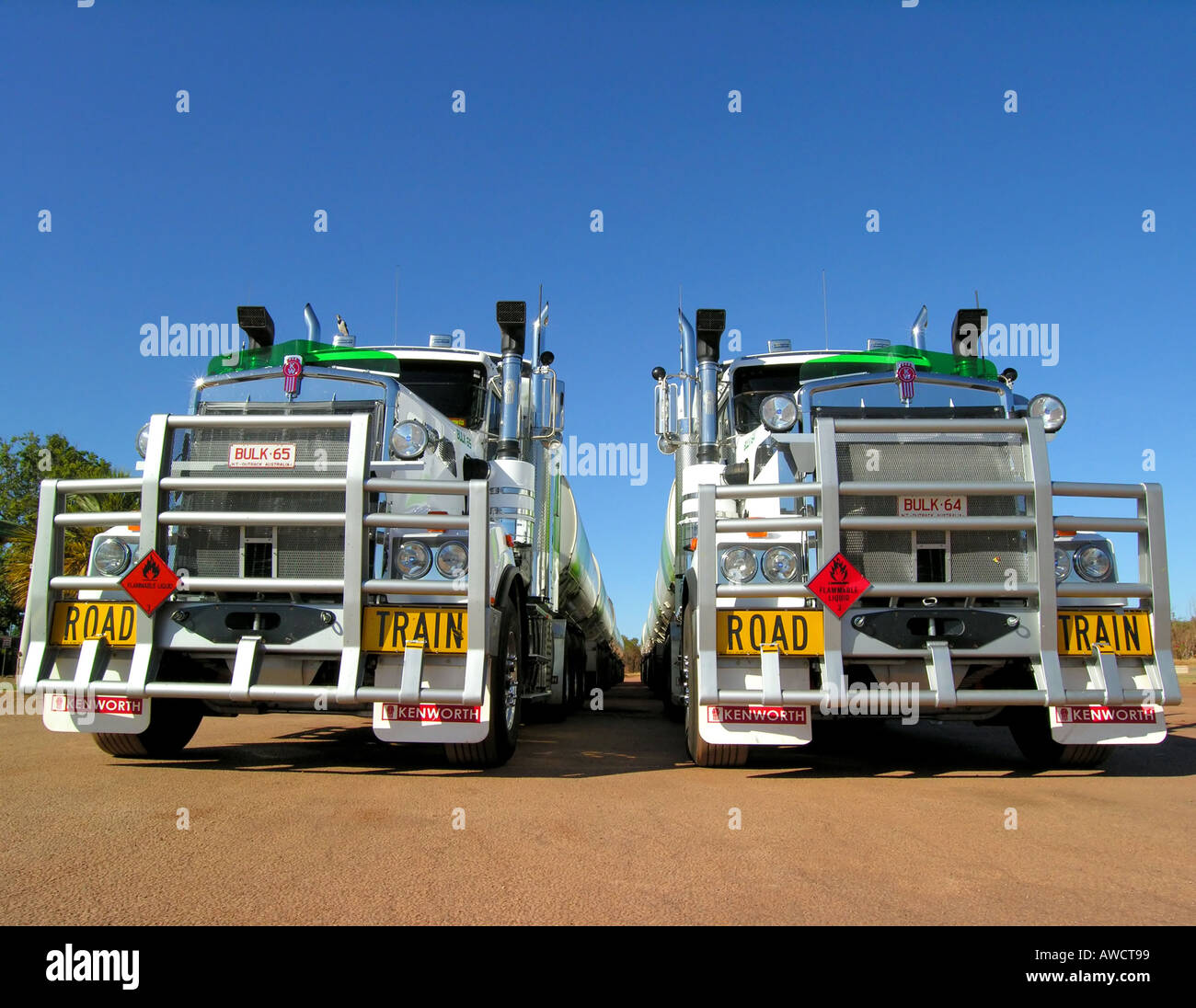 Two brand new road trains parked at a gas station Stock Photo Alamy