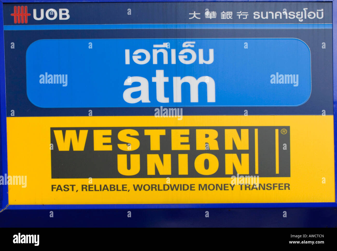 Western Union sign in Thailand, Southeast Asia, Asia Stock Photo