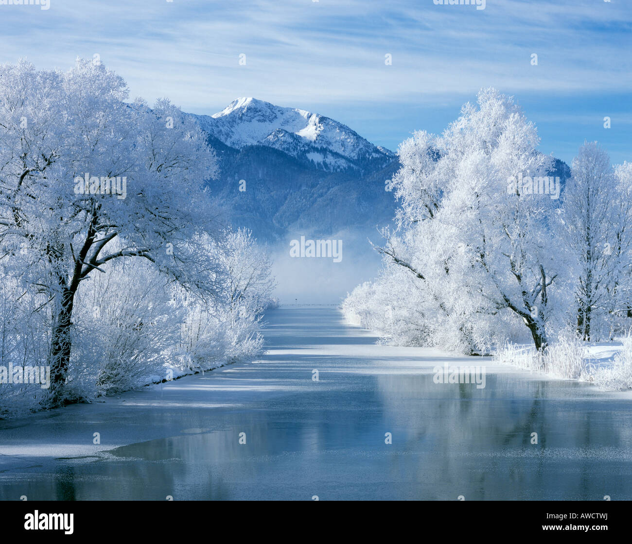 Near Kochel Upper Bavaria Germany hoarfrost at the river Loisach in ...