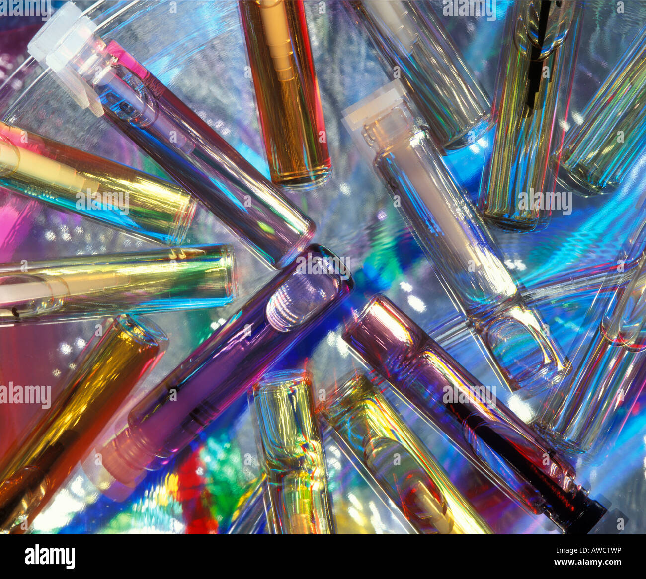 Glass bottles chemistry medicine distorted Stock Photo