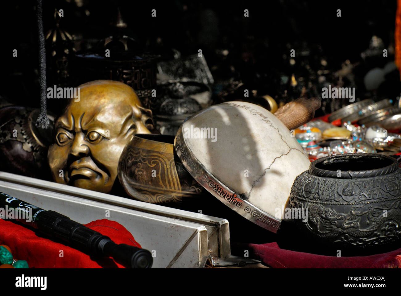 Souvenirs, silver enclosed skull, Barkor market, Lhasa, Tibet Stock