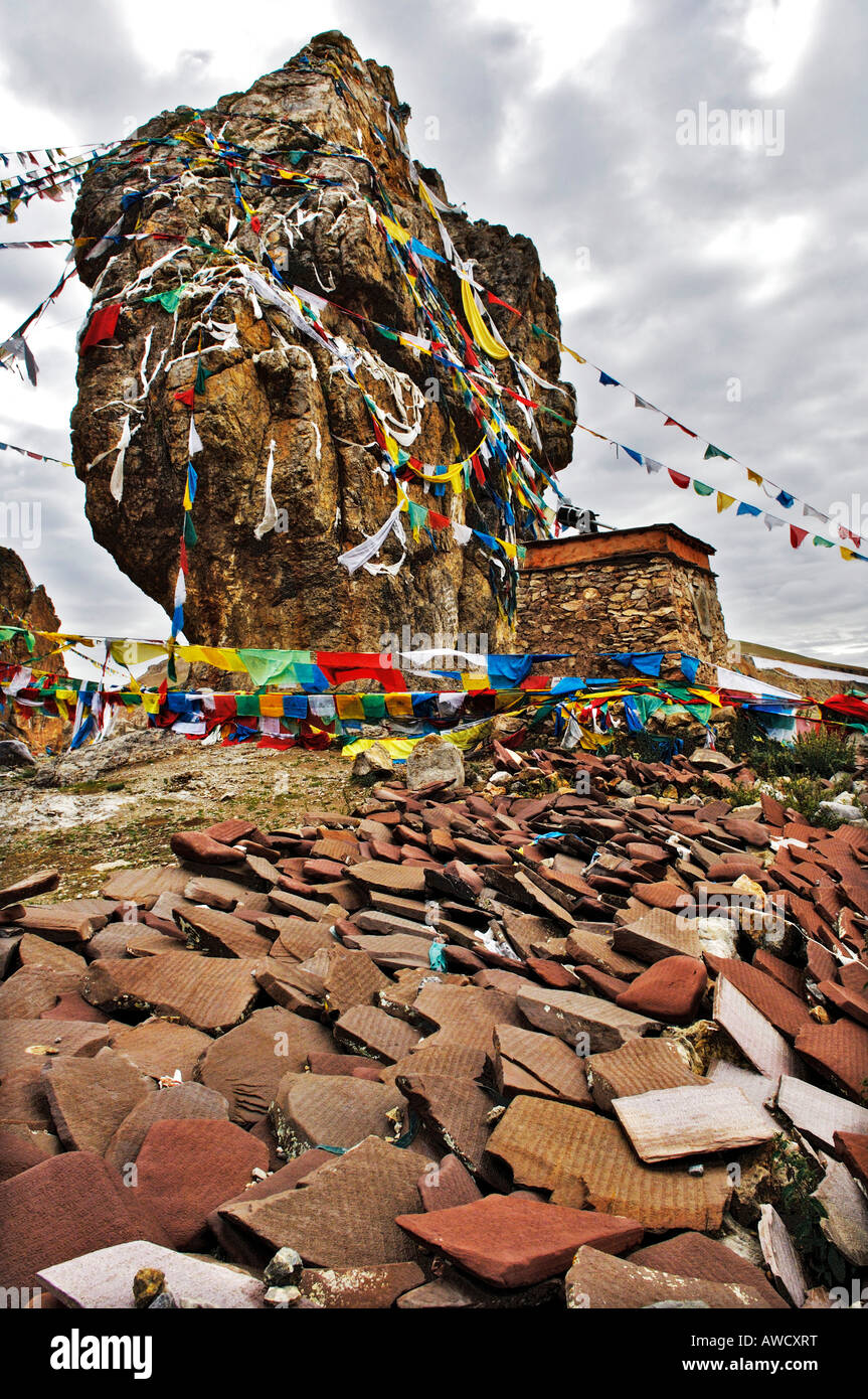 Mani stones, Nam Tso lake, Tibet Stock Photo