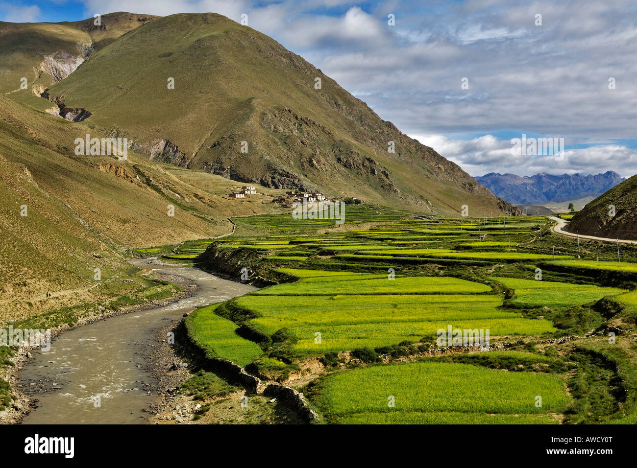 View of river and fertile valley, mountains with erosional damage, between Gyantse and Dangxiong, Tibet Stock Photo