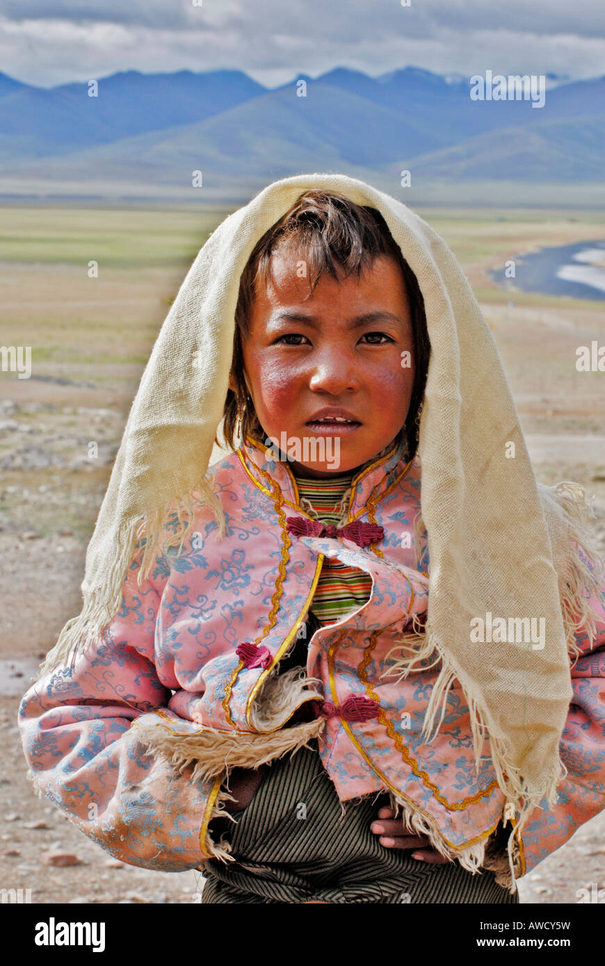 Tibetian kid, Nam-Tsho-Lake, Tibet Stock Photo