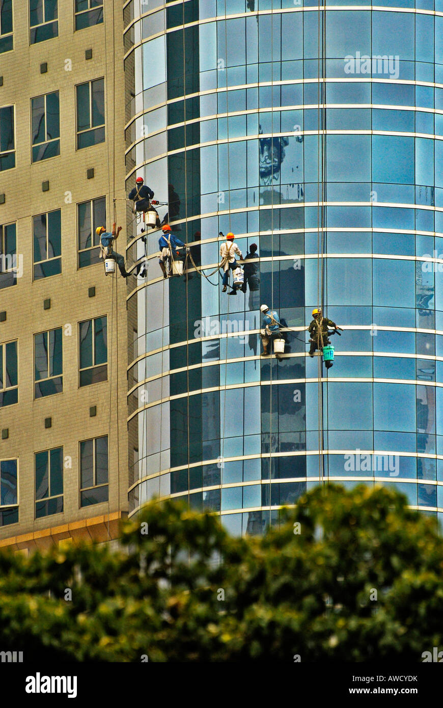 Window cleaners at a skyscraper, Shanghai, China, Asia Stock Photo