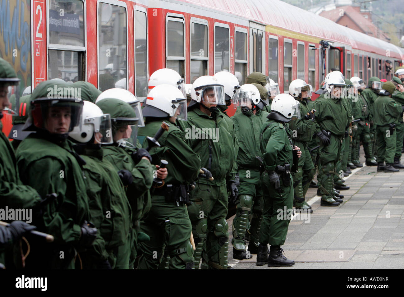 Policemen during a Neo-Nazi demonstration, Weinheim, Ladenburg, Baden-Wuerttemberg, Germany Stock Photo