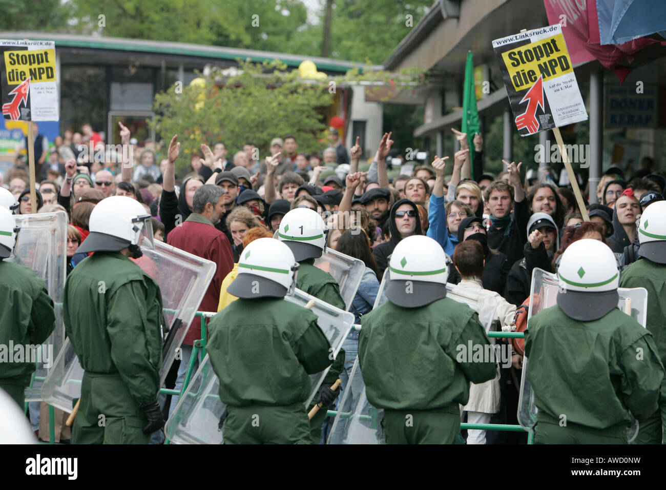 Demonstrators against a Neo-Nazi demonstration, Weinheim, Ladenburg, Baden-Wuerttemberg, Germany Stock Photo