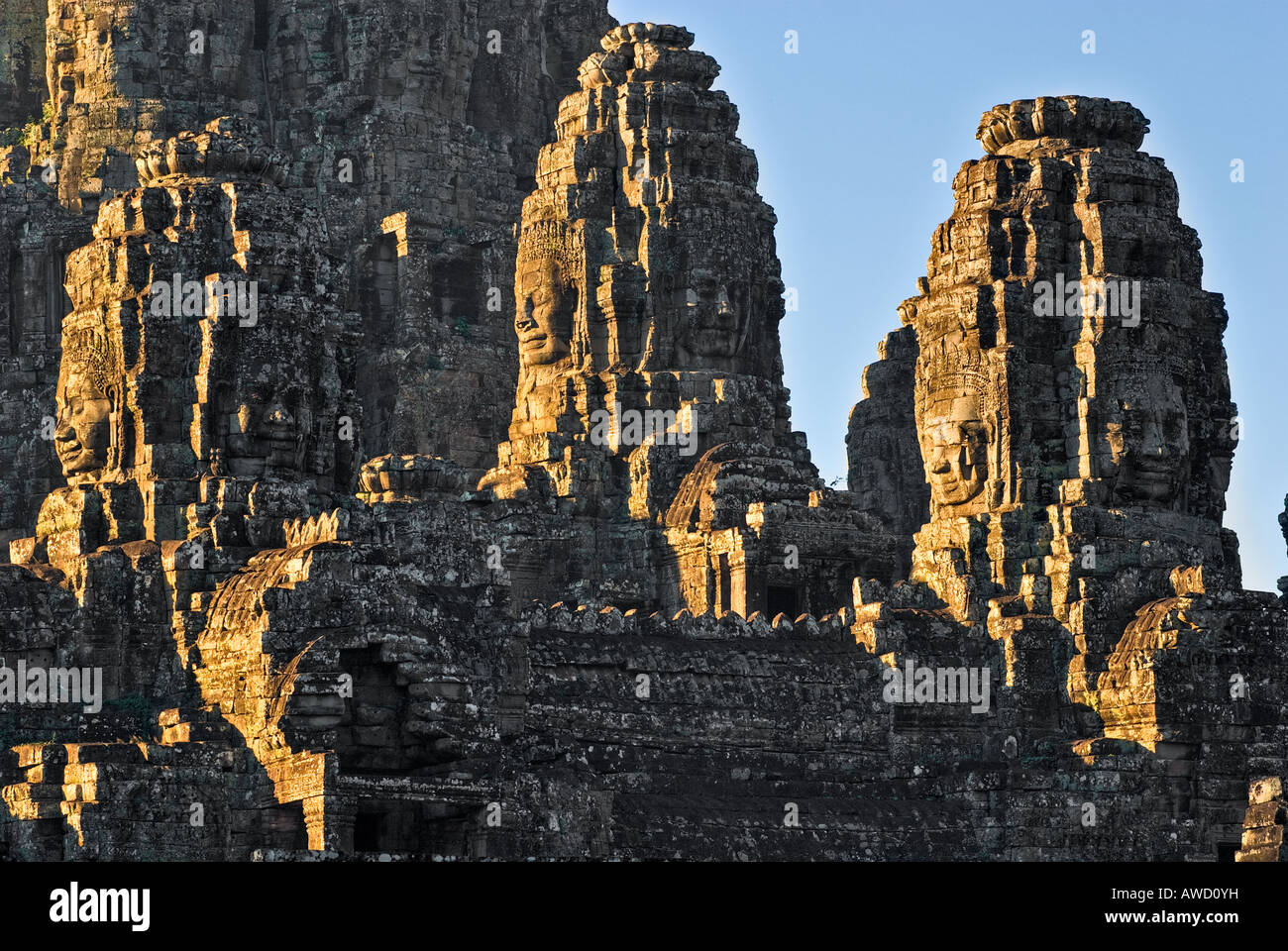 Bayon Towers at the first light, Cambodia. Stock Photo