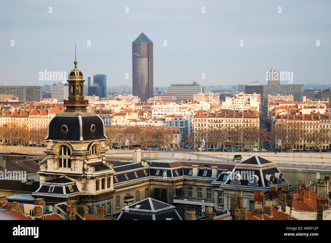 View over the roofs of Lyon with Hotel Dieu (hospital) and le Crayon (Radisson Hotel), France Stock Photo